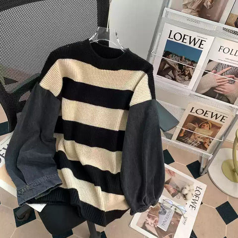 Loose-fit Denim Sleeve Stripe Sweater