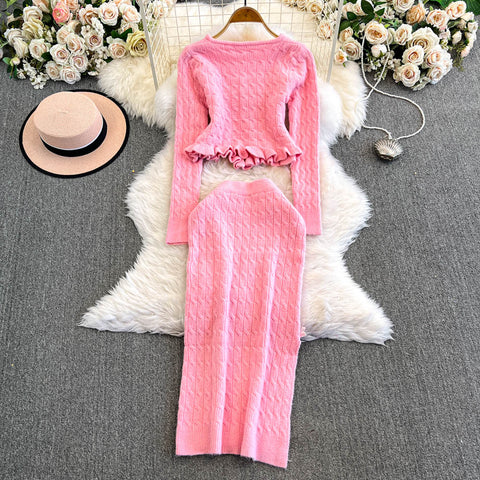 Sequined Cardigan&Twisted Skirt 2Pcs