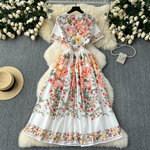 Courtly Floral Printed Short-sleeve Dress