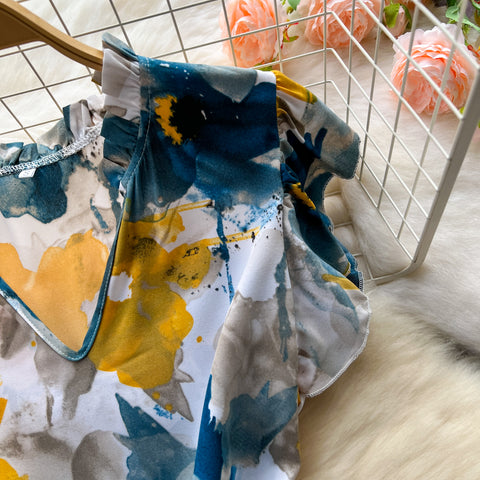 V-neck Ink Floral Ruffled Dress