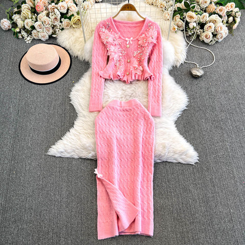 Sequined Cardigan&Twisted Skirt 2Pcs