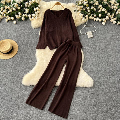 V-neck Sweater&Trousers Loose 2Pcs