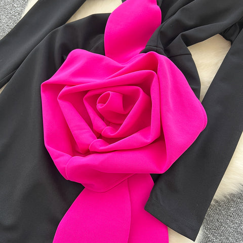 3D Rose Rhinestone Studded Black Dress