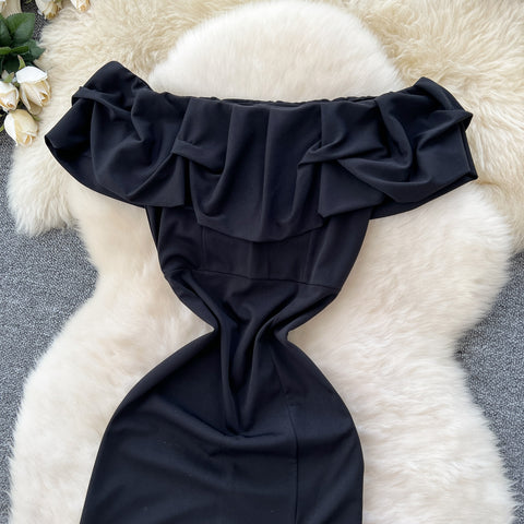 High-end Ruffled Neckline Black Dress