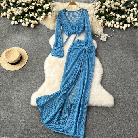 V-neck Knitwear&Skirt Hollowed 2Pcs