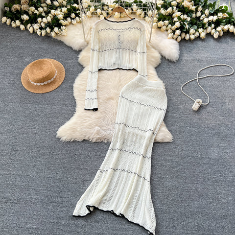 Hollowed Cardigan&Fishtail Dress Knitted 2Pcs