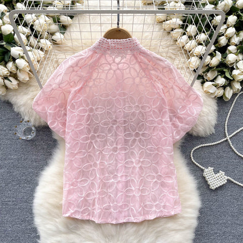 Niche Beaded Hollowed Mesh Blouse