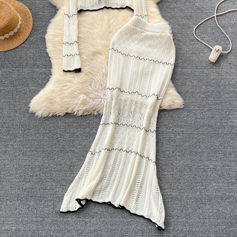 Hollowed Cardigan&Fishtail Dress Knitted 2Pcs