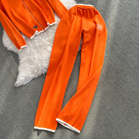 Zipped Cardigan&Wide-leg Trousers 2Pcs