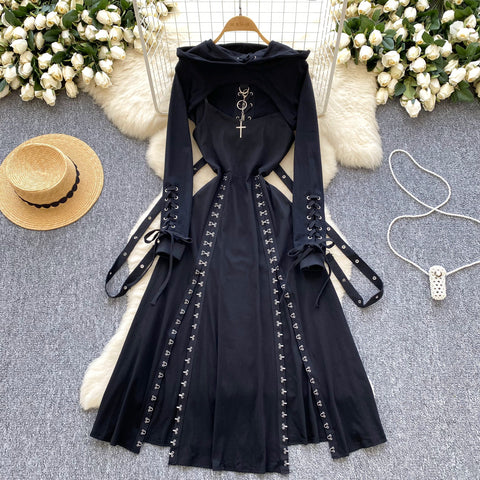 Niche Short Hoodie&Slip Dress 2Pcs