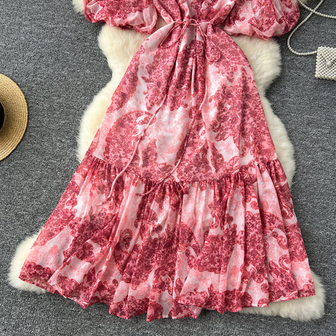 French Style Puffy Sleeve Ruffled Dress