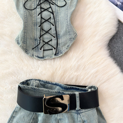 Lace-up Top&Pleated Skirt Denim 2Pcs