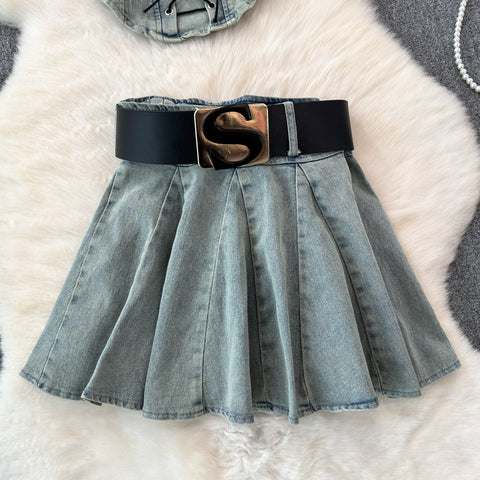 Lace-up Top&Pleated Skirt Denim 2Pcs
