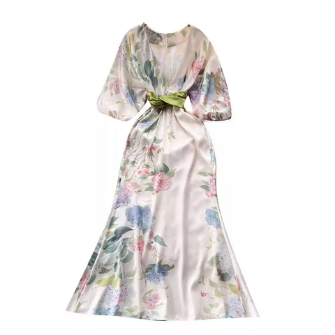 Japanese-Inspired Floral Print V-Neck Dress