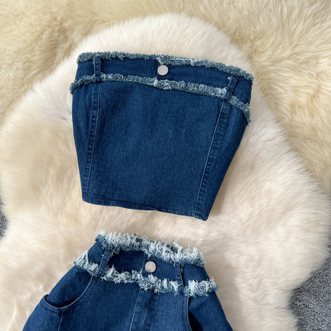 Tank Top & Fringed Skirt Denim 2Pcs
