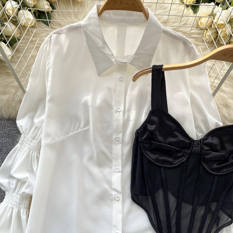 Satin Fishtail Camisole & White Shirt 2Pcs