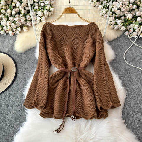Hollowed Wave Knitwear with Lace-up Belt