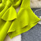 V-neck Grass Green Ruffled Dress