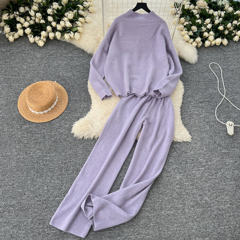 Turtleneck Cardigan&Wide-leg Trousers 2Pcs