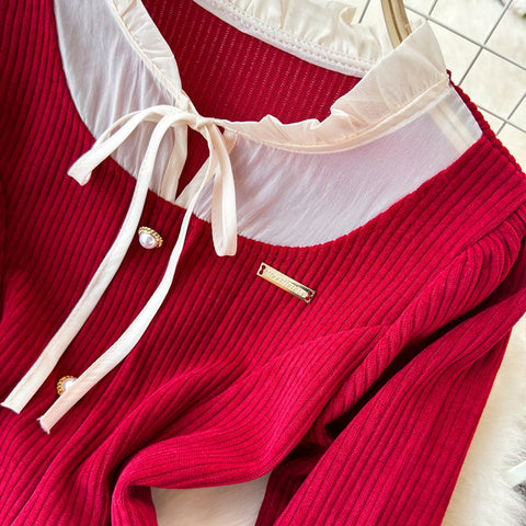 Knitwear&Skirt Lace Patchwork Knitted 2Pcs