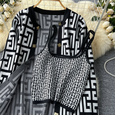 Maze Pattern Cardigan&Camisole&Trousers 3Pcs