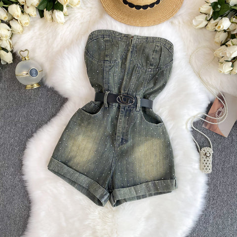 Chic Off-shoulder Sequined Denim Romper