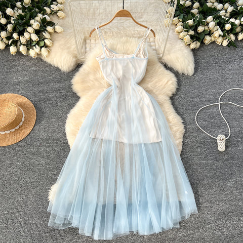 Blue Mesh Outwear & Slip Dress 2Pcs