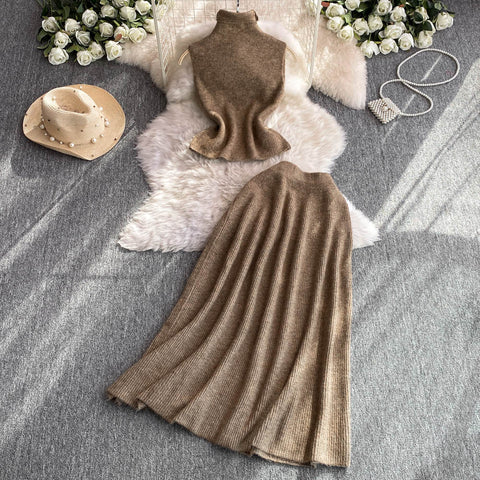 Turtleneck Knitwear&A-line Skirt 2Pcs