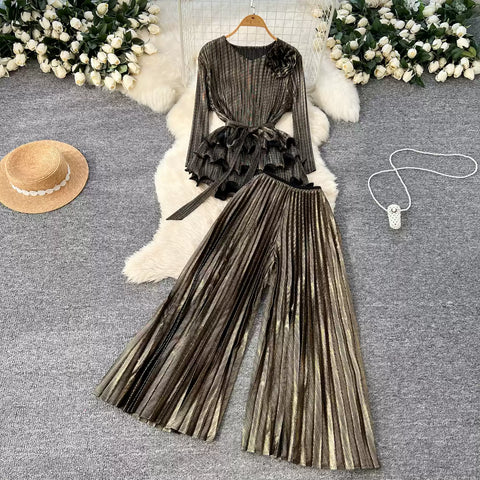 Ruffled Top & Wide-leg Trousers 2Pcs