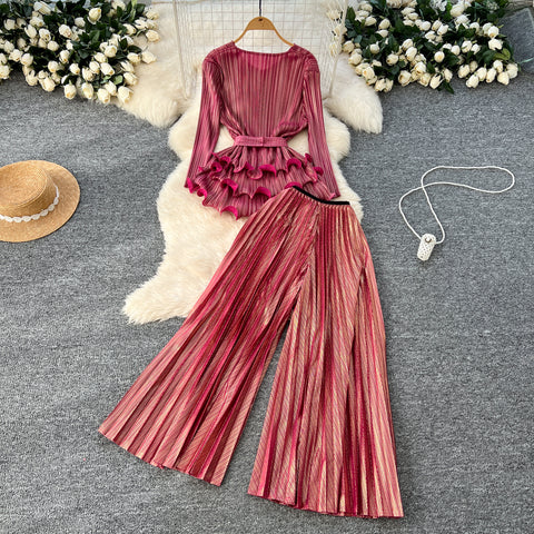 Ruffled Top & Wide-leg Trousers 2Pcs