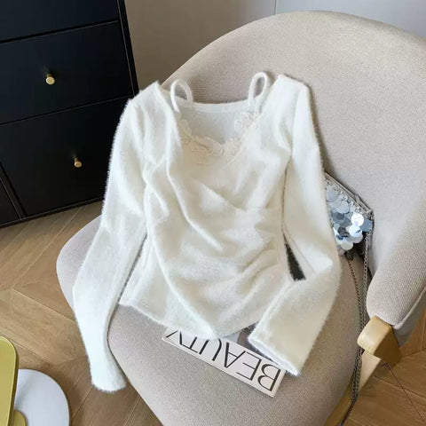 Faux Two-pieces Lace Floral Knitwear