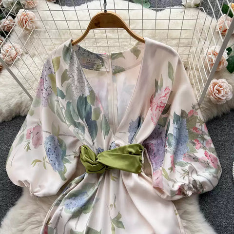 Japanese-Inspired Floral Print V-Neck Dress