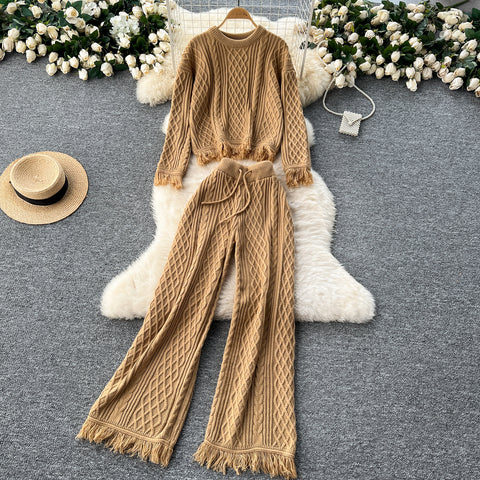 Fringed Sweater&Trousers Knitted 2Pcs