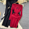 Red Knitted Dress&Lace-up Cardigan 2Pcs