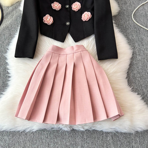 3D Rose Blazer&Pleated Skirt 2Pcs