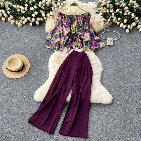 Floral Chiffon Top&Wide-leg Trousers 2Pcs