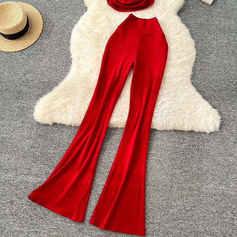 Slant Neckline Top & Flared Trousers 2Pcs