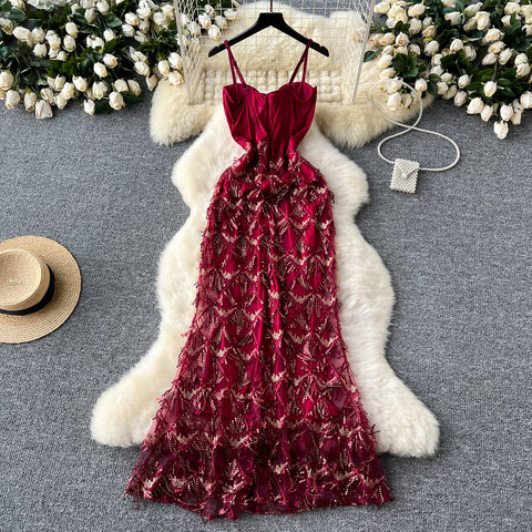 Sequin Fringed Slim Slip Dress