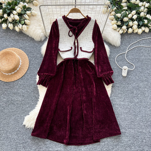 Lace-up Corduroy Dress&Jacquard Vest 2Pcs