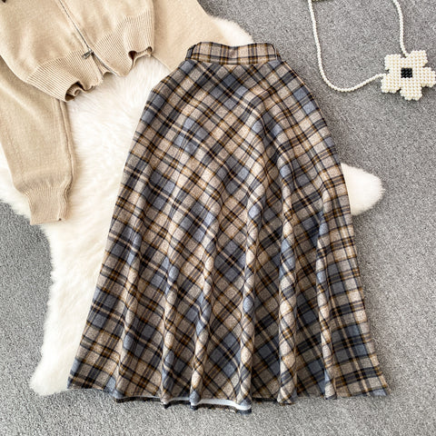 Zipped Cardigan&Plaid Skirt 2Pcs