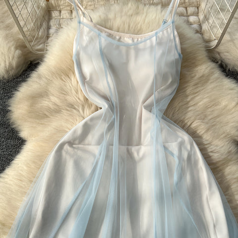 Blue Mesh Outwear & Slip Dress 2Pcs