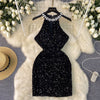 Rhinestone Studded Shiny Black Halter Dress