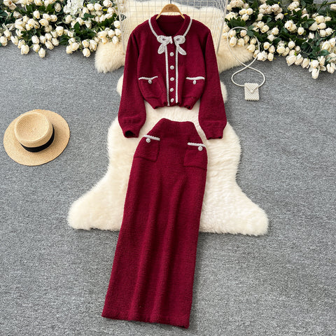 Beaded Cardigan&Slim Skirt Knitted 2Pcs