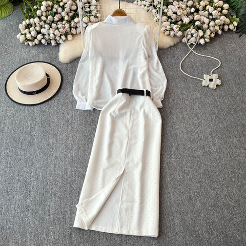 White Shirt&Hip-wrapping Skirt 2Pcs