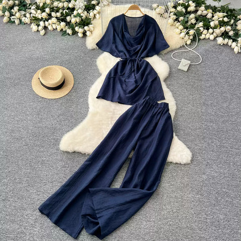Draped Neckline Top & Wide-leg Trousers 2Pcs