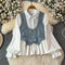 Denim Vest&Ruffled White Shirt 2Pcs