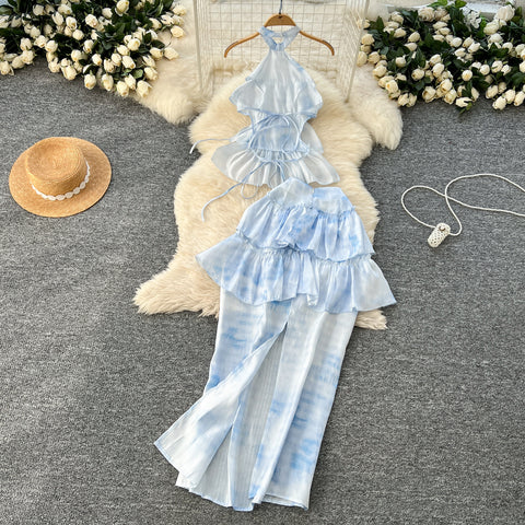 Tie-dye Blue Halter Top & Skirt 2Pcs