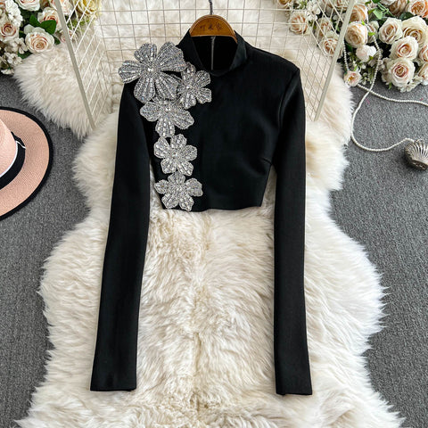 Rhinestone Studded Sweater&Skirt 2Pcs