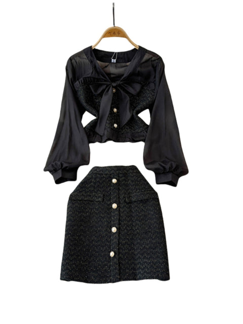 Bow Cardigan&Skirt Patchwork 2Pcs