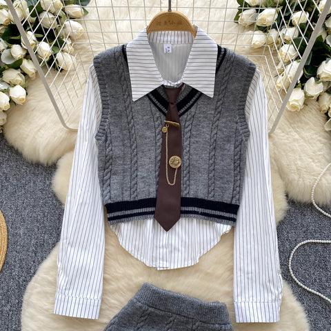 Striped Shirt&Vest&Skirt Uniform 3Pcs